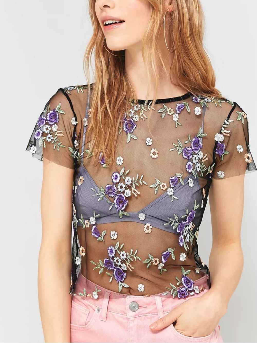Urban Outfitters Kimchi Blue Floral Embroidered Mesh Crop Top